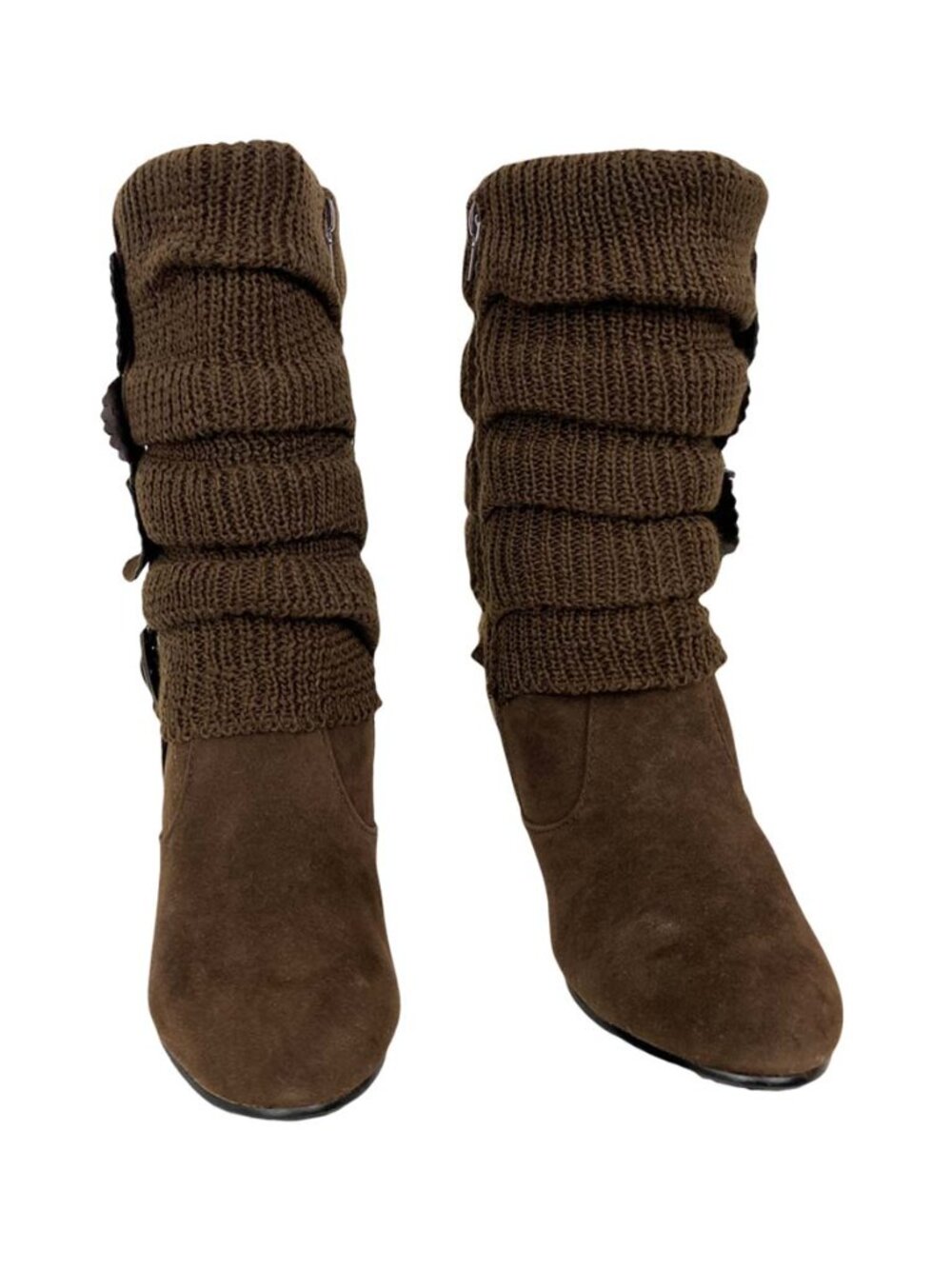 Reneeze Suede Slouch Boots Size 4 Brown Suede with Knitted Floral Top & Side Zip